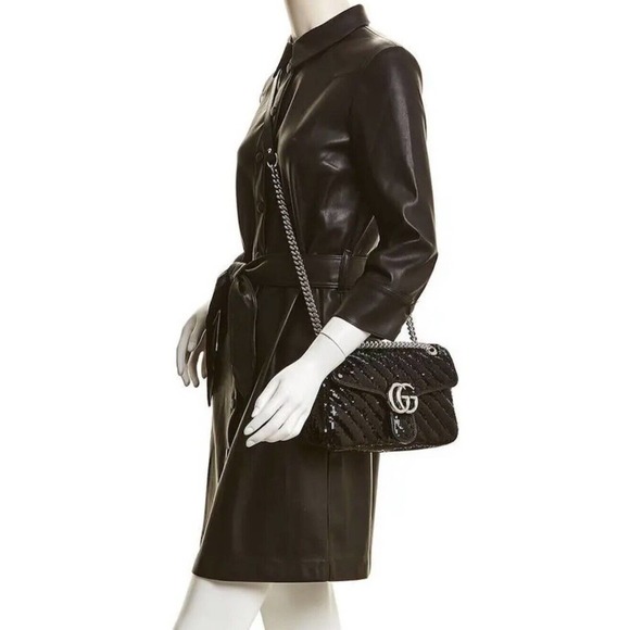 NEW GUCCI MARMONT SEQUIN LEATHER BLACK CROSSBODY SHOULDER BAG PURSE AUTH BOX! - Picture 6 of 16